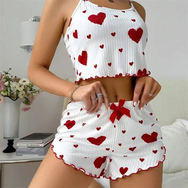 5 Größen zur Auswahl: S M L XL 2XL Damen-Pyjama-Set Träger-Nachtwäsche Top + Shorts Rot Herz-Print Nachtwäsche Sexy Dessous