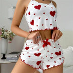 5 Größen zur Auswahl: S M L XL 2XL Damen-Pyjama-Set Träger-Nachtwäsche Top + Shorts Rot Herz-Print Nachtwäsche Sexy Dessous