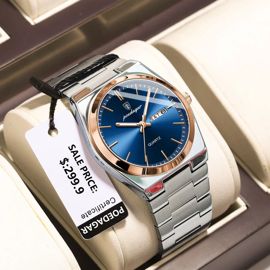 POEDAGAR Luxus Herrenuhren Wasserdicht Leuchtende Datumsanzeige Wochentag Herrenuhr Edelstahl Casual Mode Quarz Herren Armbanduhr Reloj