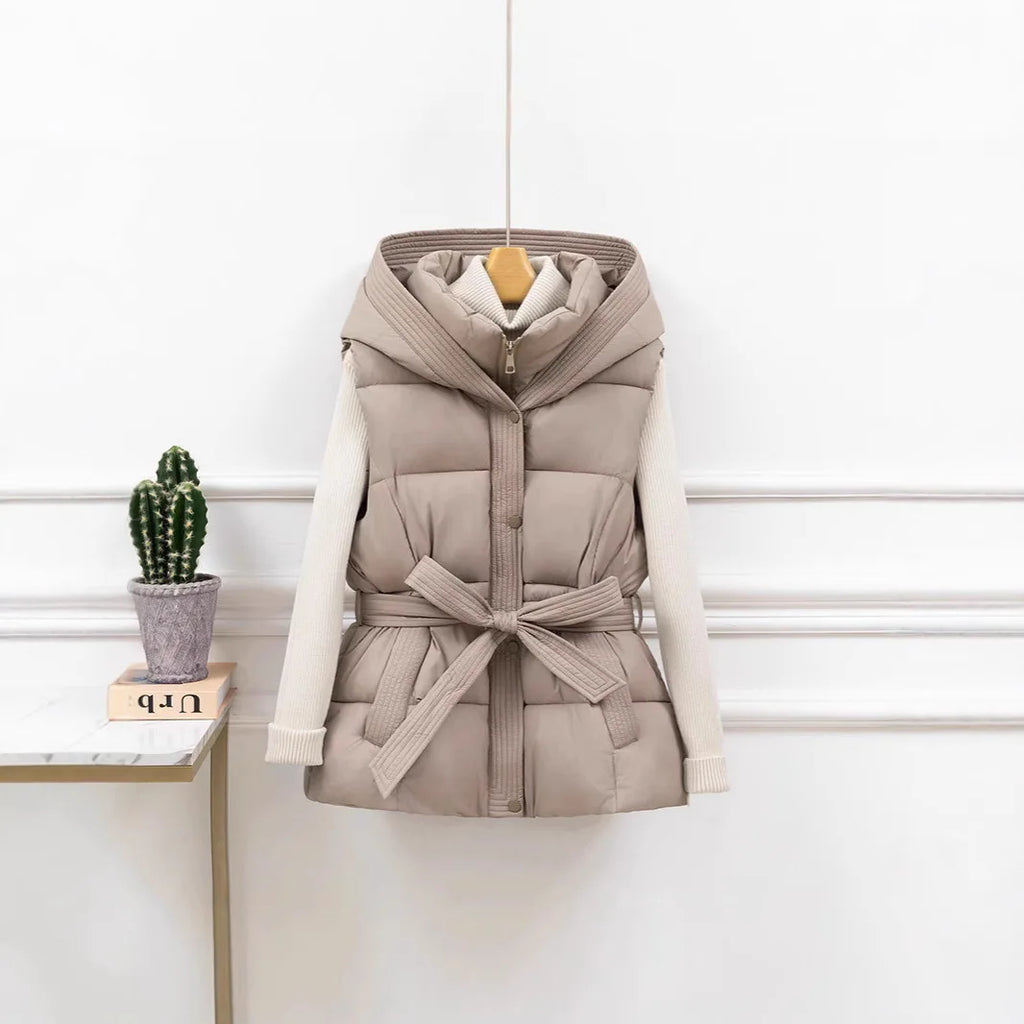 Damen gesteppte Pufferweste, dick, warm, Winter, Kapuzenmantel, einfarbig, ärmellose, gepolsterte Oberbekleidung, kurzer Mantel mit Knopfleiste und Reißverschluss