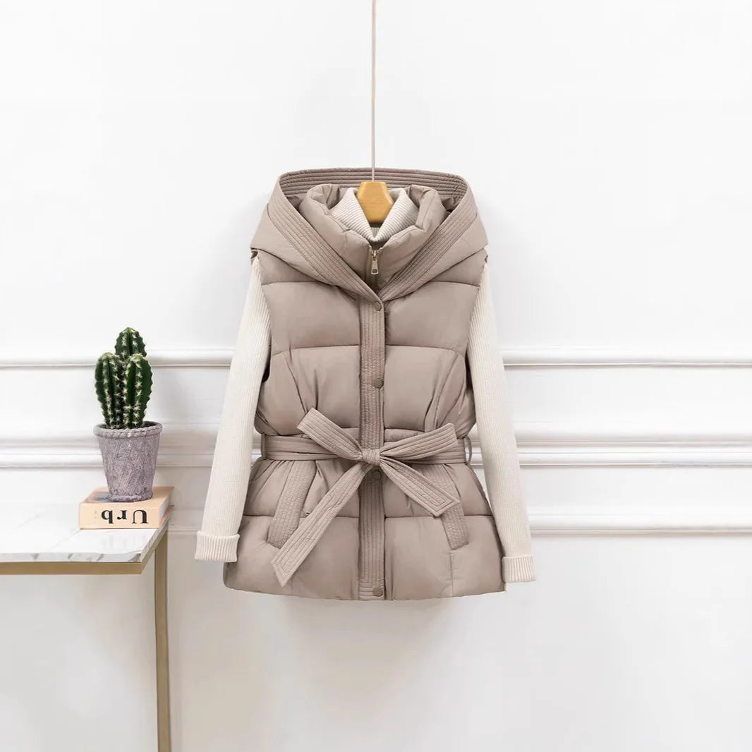 Damen gesteppte Pufferweste, dick, warm, Winter, Kapuzenmantel, einfarbig, ärmellose, gepolsterte Oberbekleidung, kurzer Mantel mit Knopfleiste und Reißverschluss