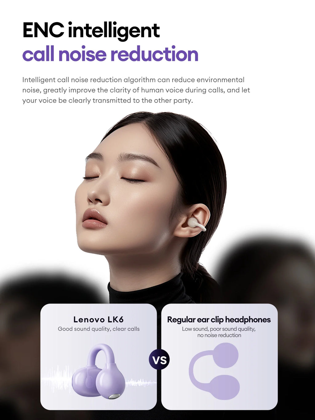 Lenovo LK6 Over-Ear Kabellose Bluetooth 5.4 Kopfhörer Klangqualität Rauschunterdrückung Ohrclip-Kopfhörer Lange Ausdauer Headsets