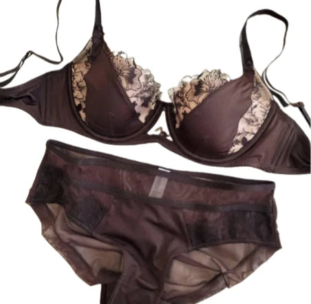 YUQI Französisches Retro-Spitzen-Dessous-Set – Push-up-Minimizer-BH mit weichem Bügel für große Oberweite, sexy Bralette- und Höschen-Set, Bestseller