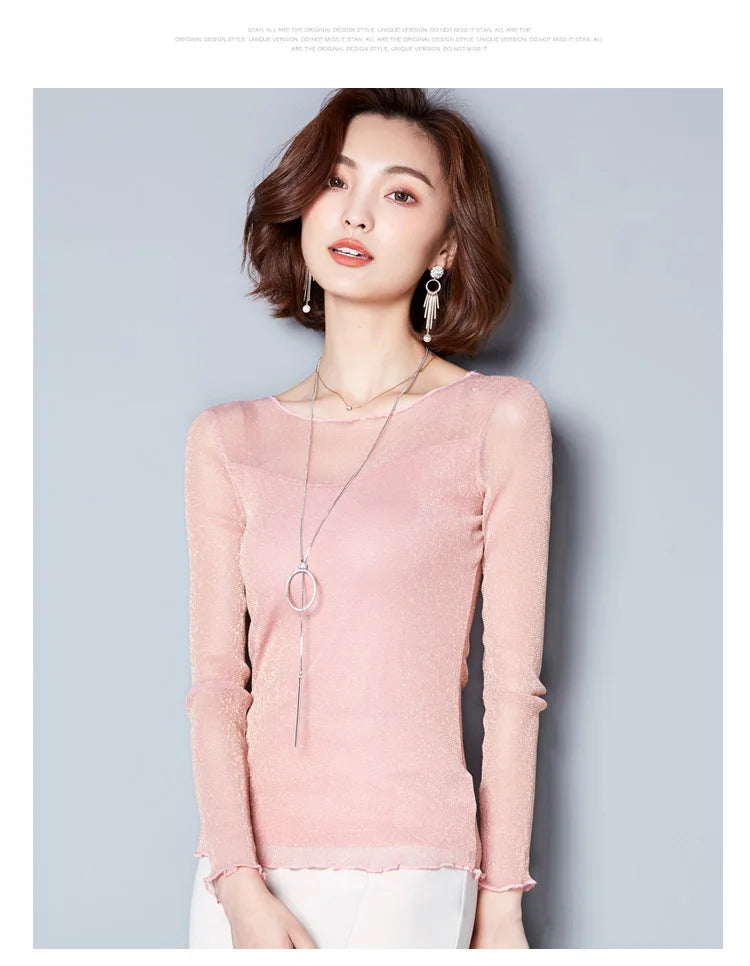 Glitzer-Netzbluse Sexy Damen Shirts Langarm-Oberteile Koreanisch Schwarz Pink O-Neck Elegante Slim Bluse Camisas Femininas