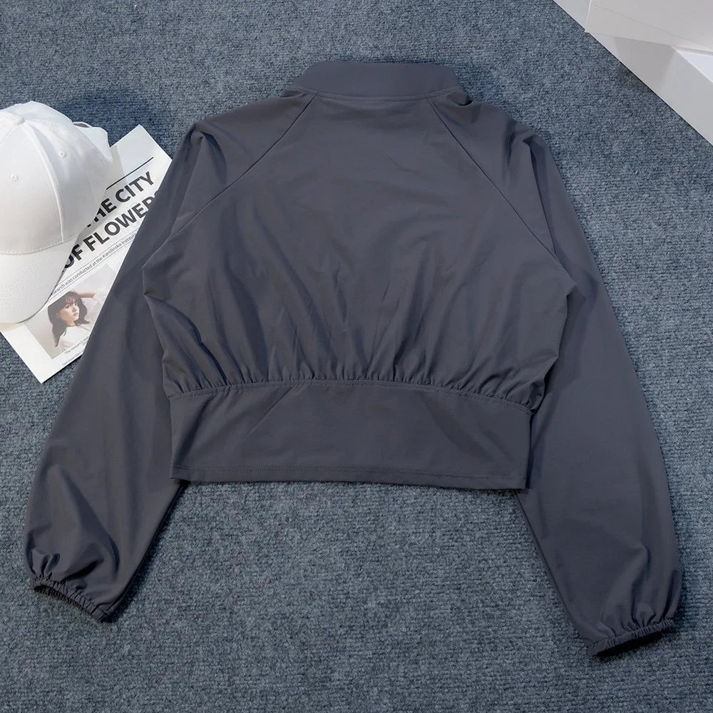 Yoga-Kleidung Amerikanischer Stil Sport Winddichte Stehkragen Sonnenschutzjacke Atmungsaktives Oberteil Outdoor Schnelltrocknend Kurzer Reißverschluss Damen