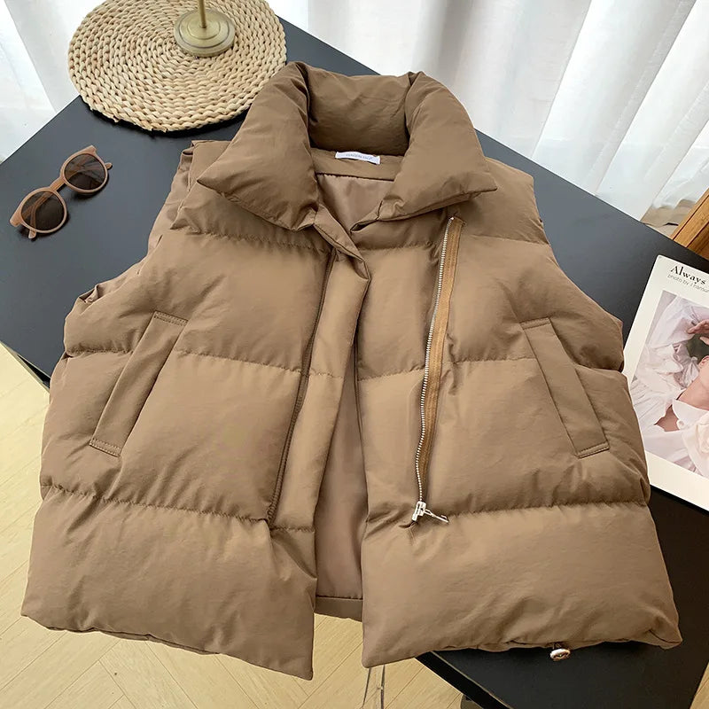 Damenmode Herbst Neu 2024 Stehkragen Elegante Daunenmäntel Warme Oberbekleidung Freizeitgürtel Ärmellose Winter Damenwesten Jacken