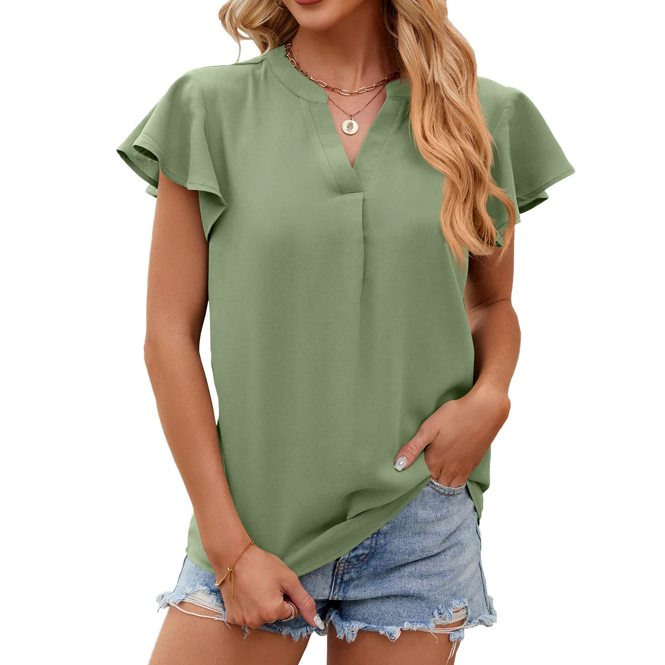 Neue Damen V-Ausschnitt Lose Pullover Chiffon-Shirts Elegante Mode Einfarbige Rüschen Damenbluse Sommer Lässige Kurzarm-Oberteile