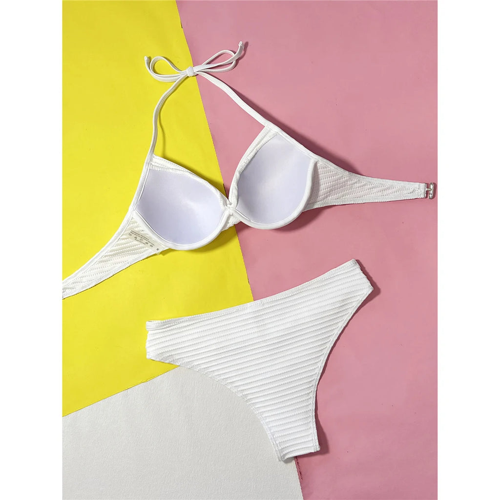 Gerüschter Neckholder Bügel-Bikini Damen Bademode Weiblicher Badeanzug Zweiteiliges Bikini-Set Mid Waist Badeanzug Schwimmen V5440