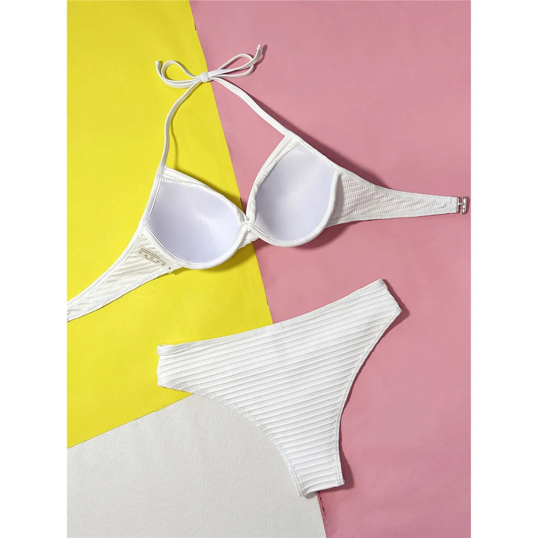 Gerüschter Neckholder Bügel-Bikini Damen Bademode Weiblicher Badeanzug Zweiteiliges Bikini-Set Mid Waist Badeanzug Schwimmen V5440