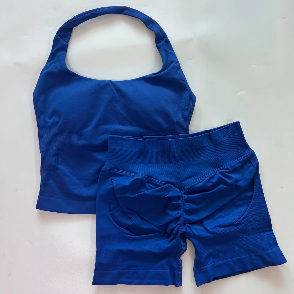 No Logo 2-teiliges Sportset Damen Rückenloses Tanktop Hohe Taille Scrunch Nahtlose Shorts Gym Set Sportbekleidung Workout Set Yoga