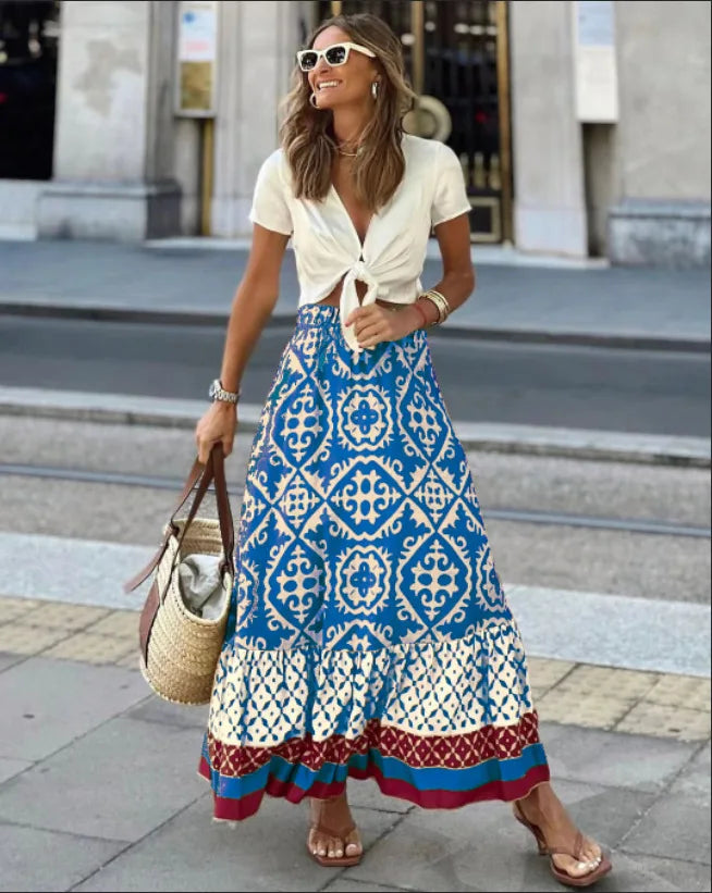 Damenrock mit elastischem Bund und Blumenmuster, großer Tellerrock, Boho-Midi-Rock im Patchwork-Stil, geeignet für Strand und Alltag