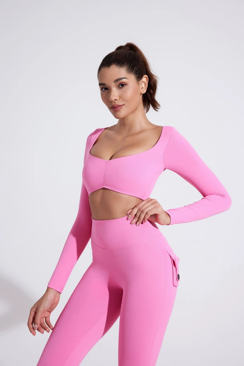 QINACTIVE Damen Yoga Shirts Crop Top Langarmshirts für Damen Yoga Sport Fitness Gym Kleidung Workout Tops
