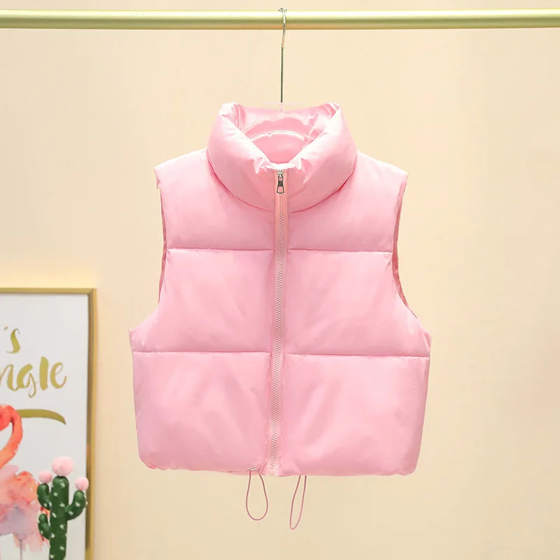 Winter Kurze Daunen Weste Damen Warmer Stehkragen Reißverschluss Jacke Freizeit Mode Gesteppte Cropped Mäntel Street Outerwear