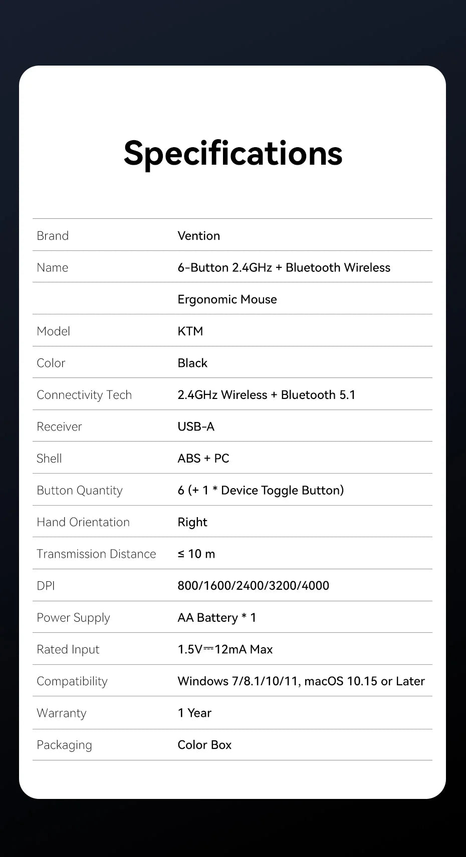 Vention Kabellose Bluetooth 5.1 Maus USB 2.4G Dual-Mode Ergonomische 4000 DPI Stille 6-Tasten-Maus für MacBook Tablet Laptop PC Mäuse