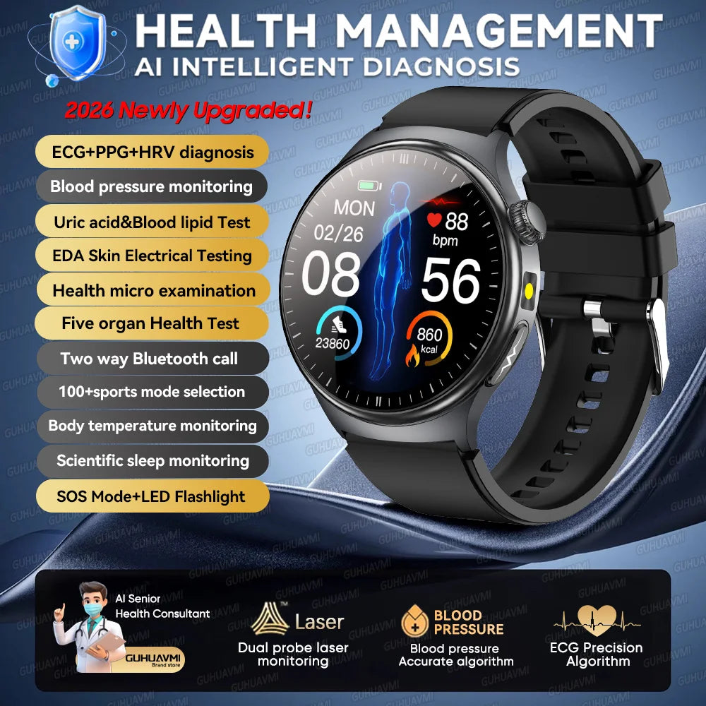2026 Neue Mikrophysikalische Untersuchung Gesundheits-Smartwatch Herren EKG Harnsäure Lipide Blutdruck BT Anruf Smartwatch Für Android IOS