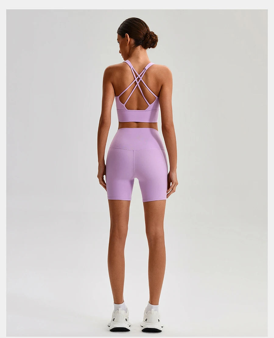 Buttery Soft Nylon Yoga Set Crisscross Back Sports Bra High Waist Biker Shorts 2 Piece Gym Set Workout Outfit Women Activewear