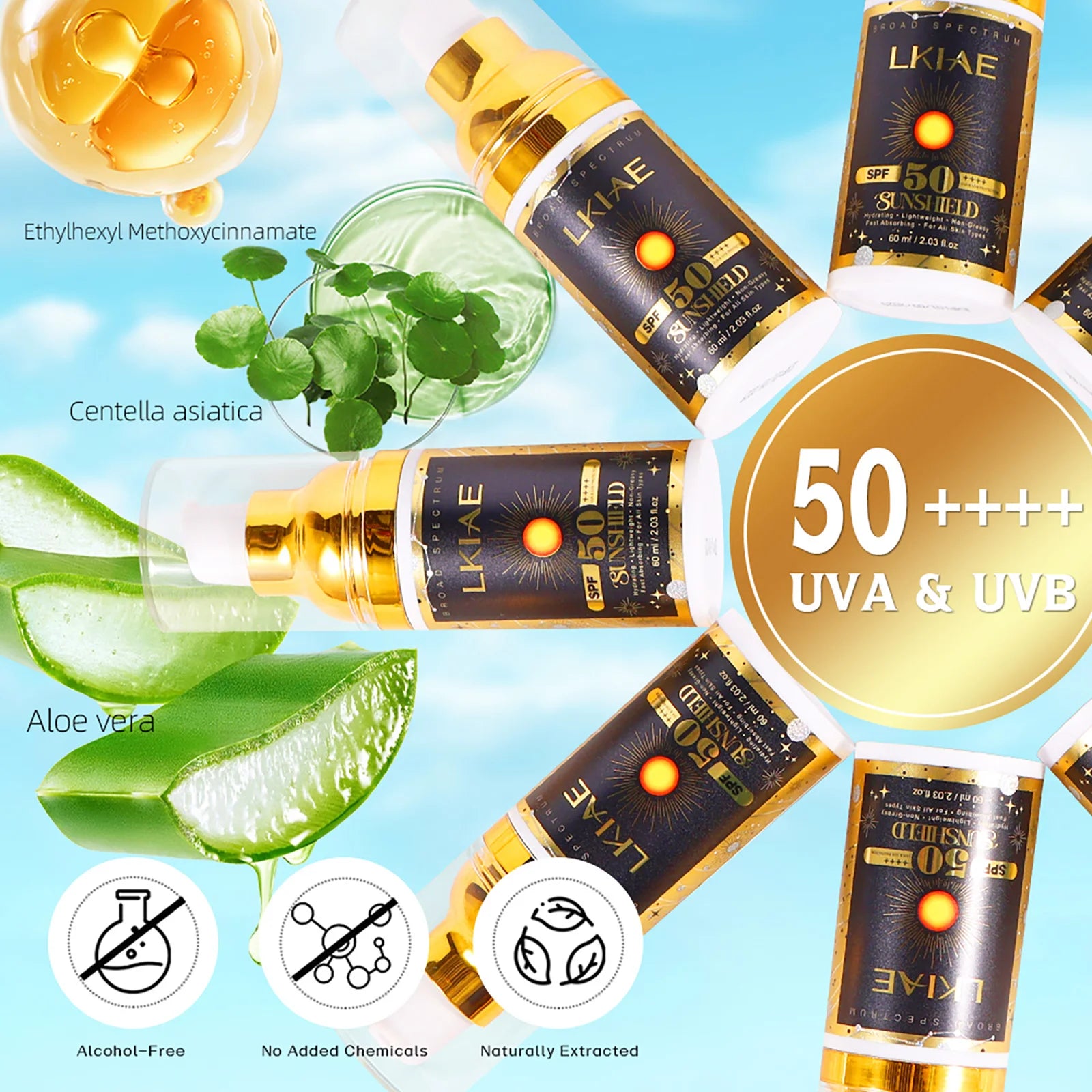 LKIAE Sonnencreme, Breitspektrum LSF 50, UVA/UVB, leicht & nicht fettend, Sonnenschutz, für Gesicht, Körper, nicht komedogen, 60ml