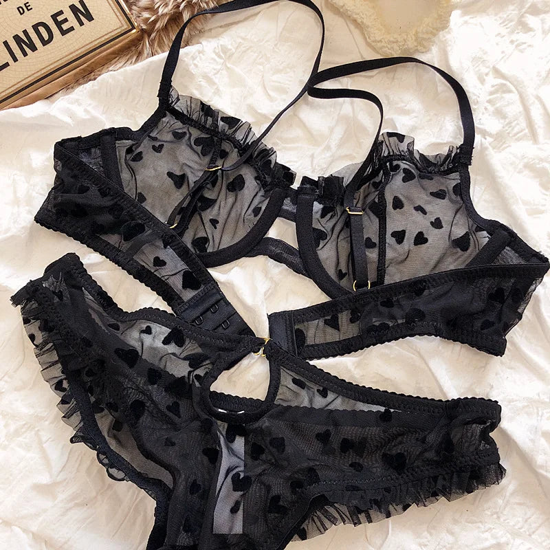 Neues Dessous-Tangas-Set, sexy, ultradünner transparenter BH, Damen-Bügel-Push-up-BH-Set, sommerliche, romantische Pfirsichherz-Unterwäsche