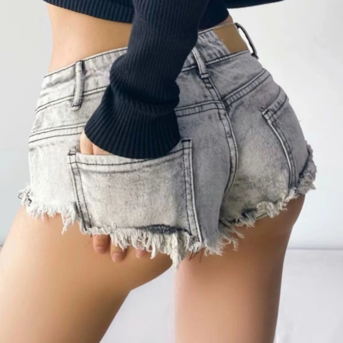 Damen Sommer Low Waist Denim Shorts Stretch Kurze Jeans Hot Pants Sexy Dreieckiges Design Po-Former Casual Streetwear DURIKIES Zweitbild
