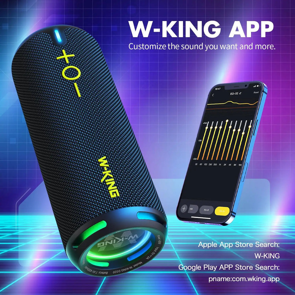 W-KING 40W Bluetooth Lautsprecher, IP67 Wasserdicht, APP-Steuerung, Hochwertiger Klang, TF/AUX, Dynamische Beleuchtung für Party, Outdoor, Dusche