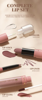 4tlg. Set Langanhaltendes Wasserdichtes Lippen-Make-up-Kit – Weicher, geschmeidiger cremiger Lippenstift & Lipgloss Lip Oil Set