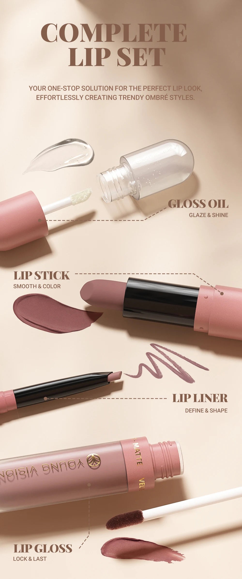 4tlg. Set Langanhaltendes Wasserdichtes Lippen-Make-up-Kit – Weicher, geschmeidiger cremiger Lippenstift & Lipgloss Lip Oil Set