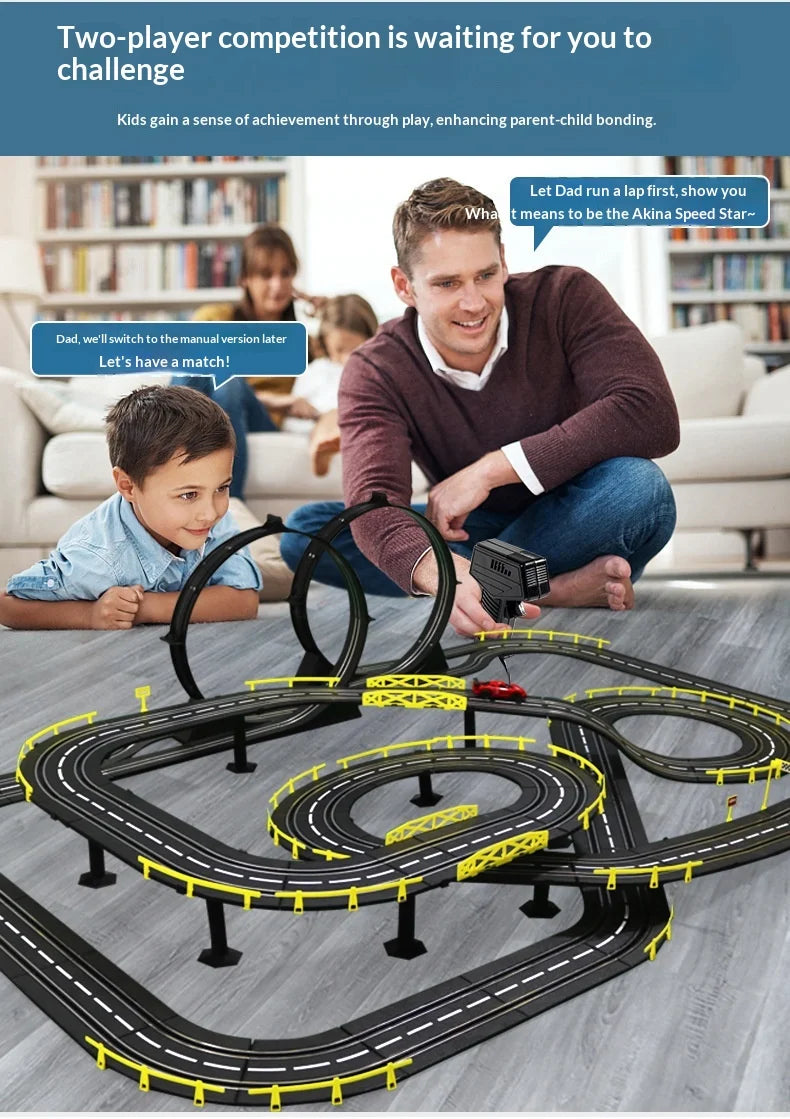 Elektrische ferngesteuerte Slot-Car-Rennbahn, groß, 2 Spieler, wettbewerbsfähig, Dual-Modus, ferngesteuert, einstellbar, Spleißen, Kinder-Erwachsenen-Geschenkset