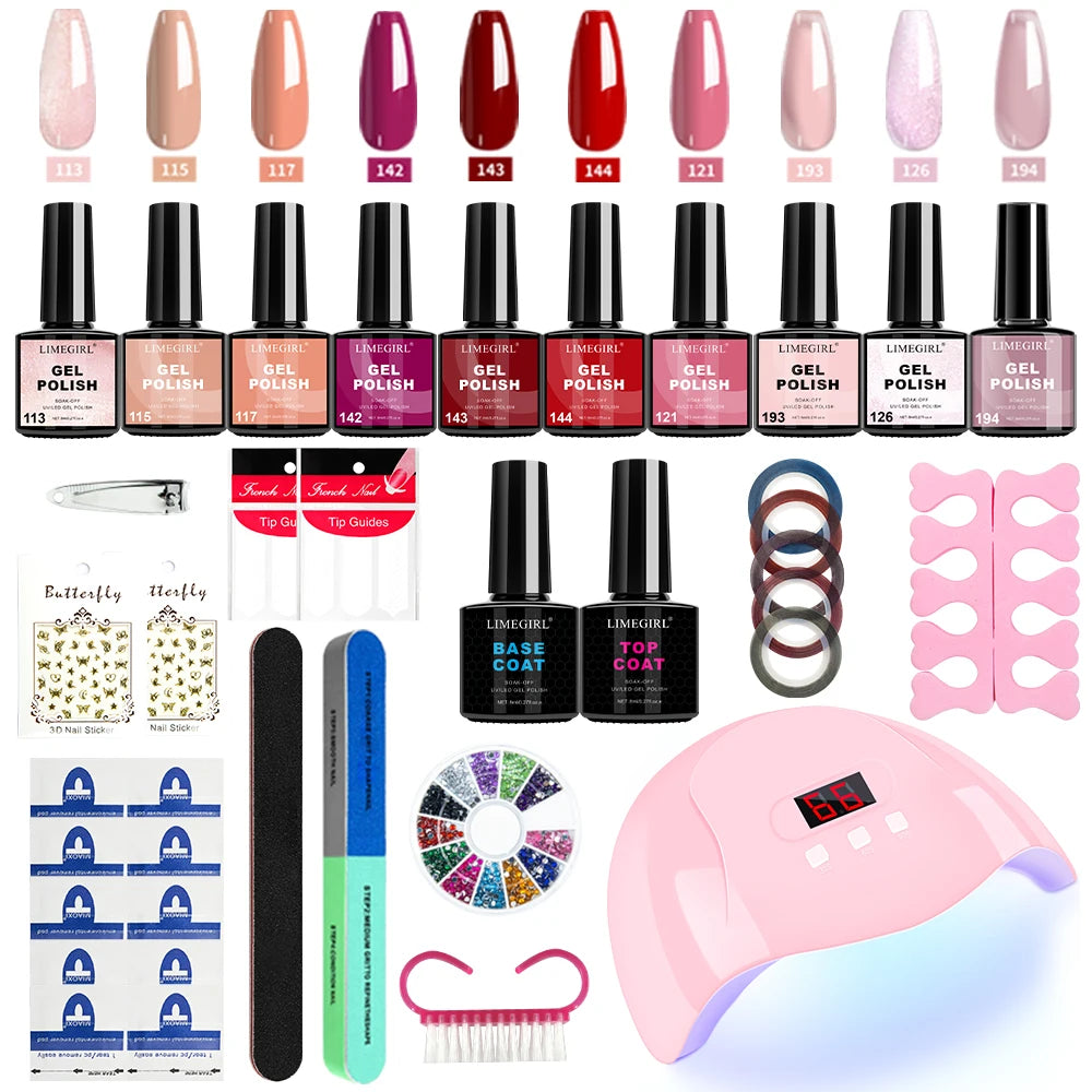 LIMEGIRL Gel-Nagellack-Kit UV Soak-off Gel Primer Polish Maniküre-Kit mit UV LED Lampe Trockner Semi-permanentes Gel-Nagellack-Kit
