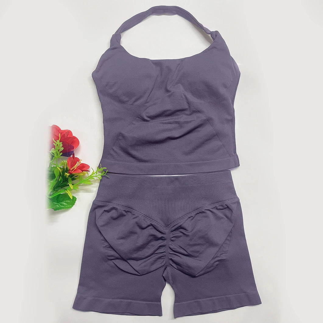 Yoga Outfits Damen 2-teiliges Sport-Set DFNNYE Impact Halfter Neck Neckholder Rückenfrei Oberteil Nahtlose Scrunch Shorts Fitness-Workout-Sportanzug