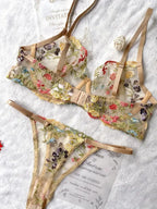 Yimunancy Blumenstickerei Dessous-Set Damen transparentes 2-teiliges Boho-BH + Höschen Unterwäsche-Set Intimates