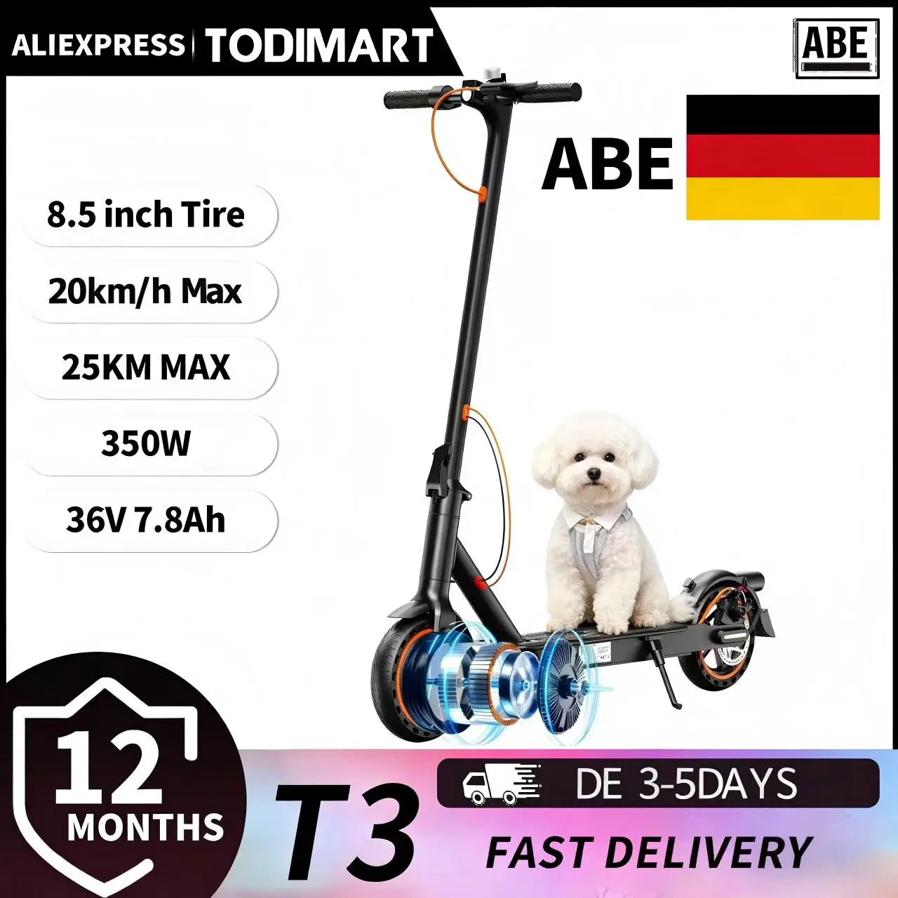 Todimart T3 ABE Elektroroller für Erwachsene, 36V 7.8AH, Spitzenleistung 500W, 25-35KM, 8,5-Zoll-Wabenreifen, Urbaner Elektroroller