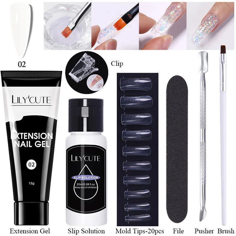 LILYCUTE 15ml Verlängerungsgel-Nagellack-Set Quick Nail Prolong mit Verlängerungsform-Nagelspitzen Acryl-Lösung Maniküre-Werkzeug-Kit