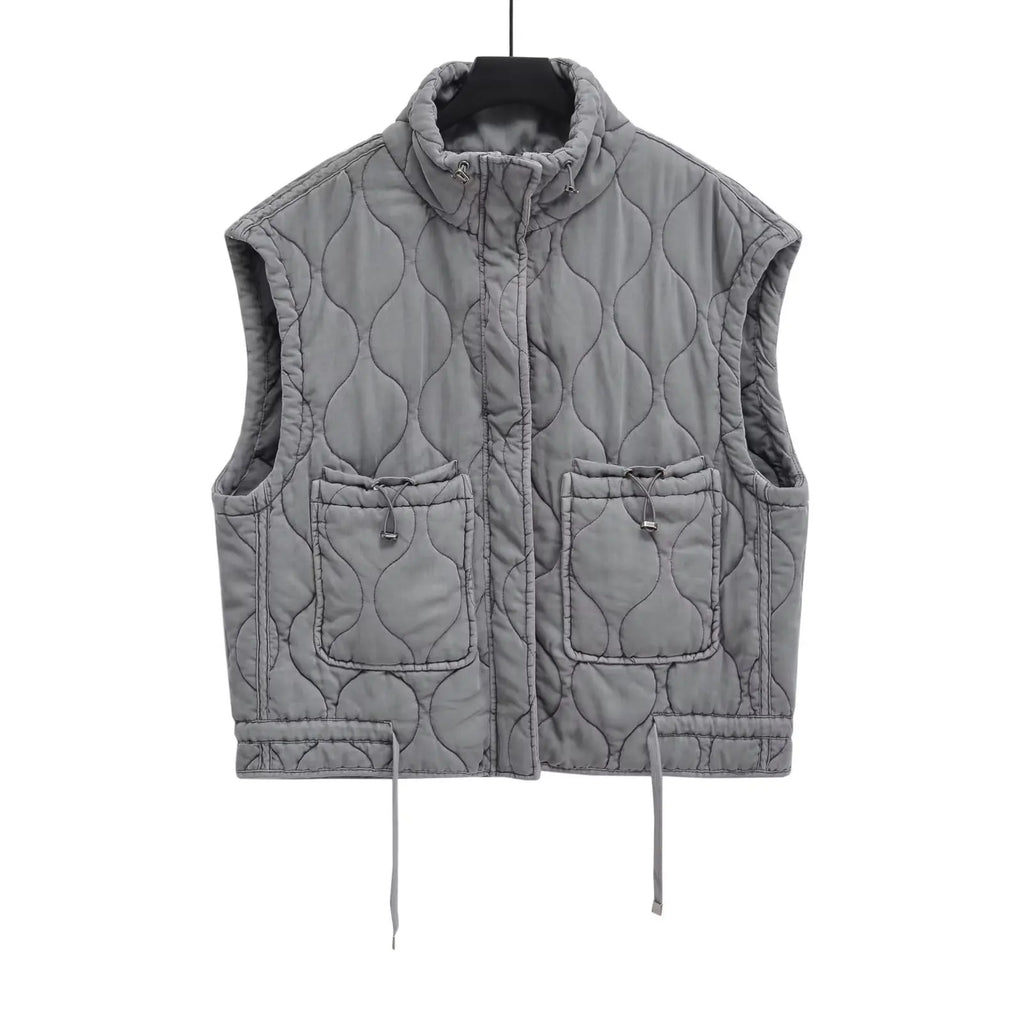 Herbst Winter Damen Stehkragen Leichte Ärmellose Baumwollweste Damen Taschendekoration Tanktop