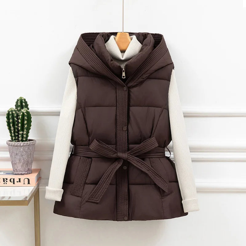 Damen gesteppte Pufferweste, dick, warm, Winter, Kapuzenmantel, einfarbig, ärmellose, gepolsterte Oberbekleidung, kurzer Mantel mit Knopfleiste und Reißverschluss