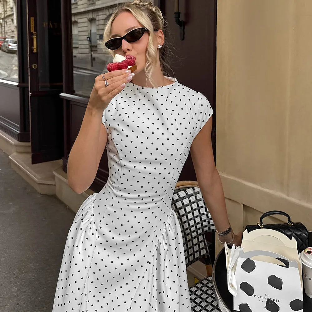 Talenza Weißes gepunktetes langes Kleid Sommer Sexy High-Waist Vintage Print Ärmelloses Kleid Lässige Party Urlaub Neues Damenkleid