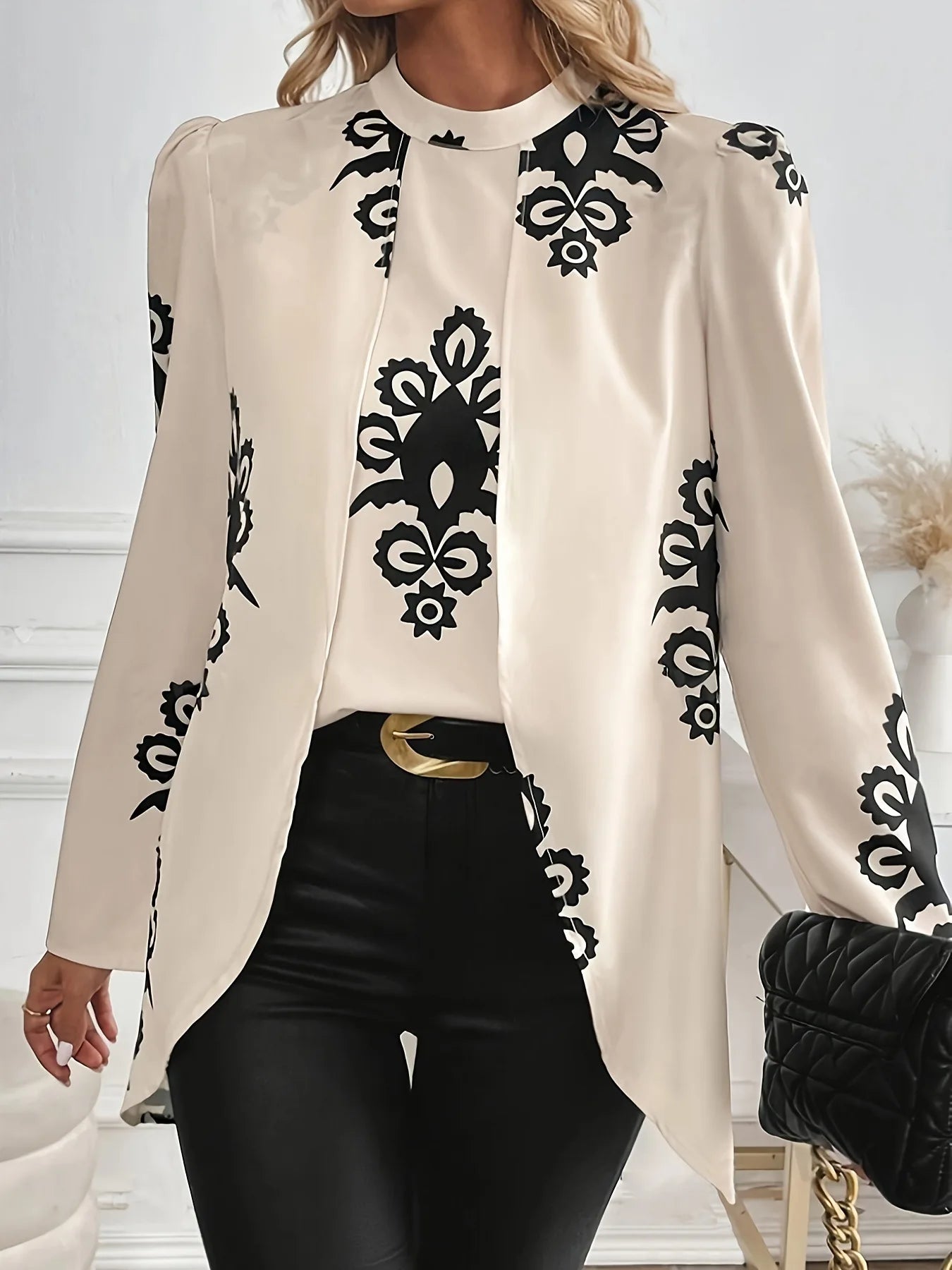 2026 Fashion Long Sleeve Print Blouses Women Spring Elegant Office Ladies Tops Femme Fake Two Pieces Blouse Shirts Women's Top