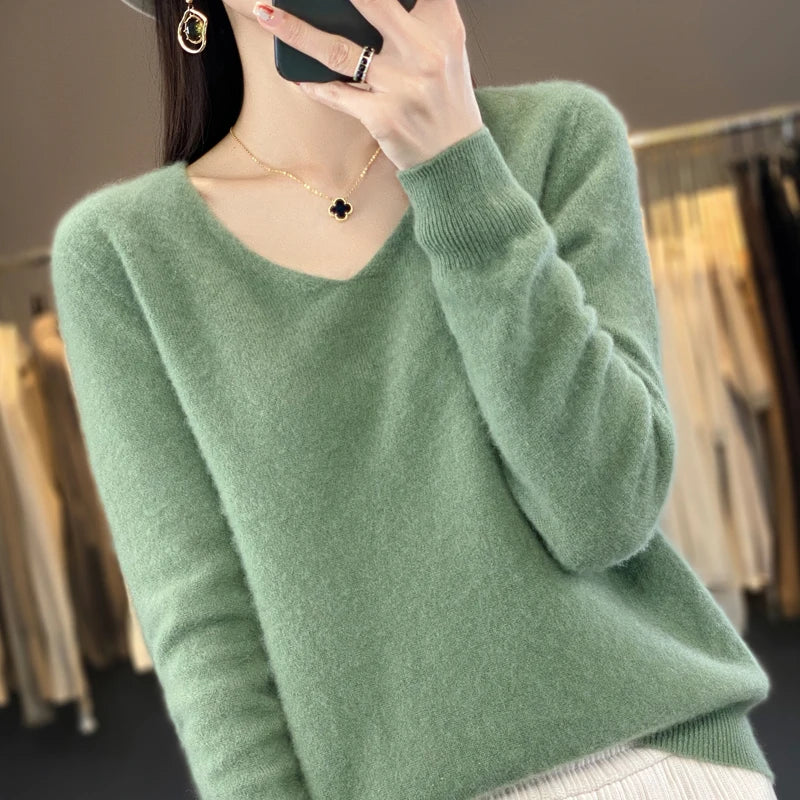 Damen 100% Merinowolle Pullover V-Ausschnitt Basic Pulli Herbst Winter Kaschmir Kleidung Langarm Weiche Strickware Oberteile Unifarben