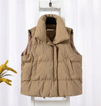 Damenmode Herbst Neu 2024 Stehkragen Elegante Daunenmäntel Warme Oberbekleidung Freizeitgürtel Ärmellose Winter Damenwesten Jacken