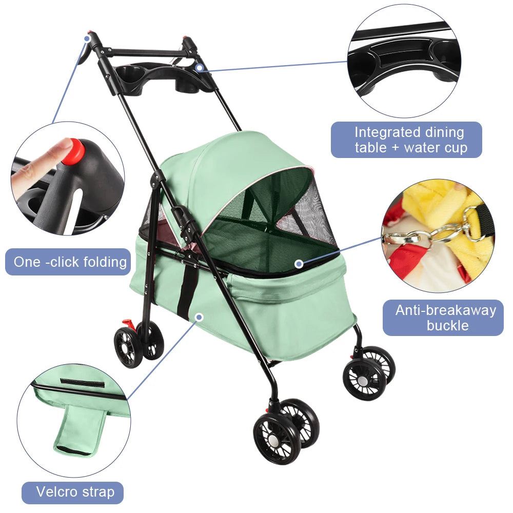 Folding Pet Stroller/Buggy, Dog/Cat Carrier, Pet Travel Stroller for Dogs with Cup Holder, Wheels with Brakes, Oxford Fabric, Steel Frame, 50 x 70 x 95 cm