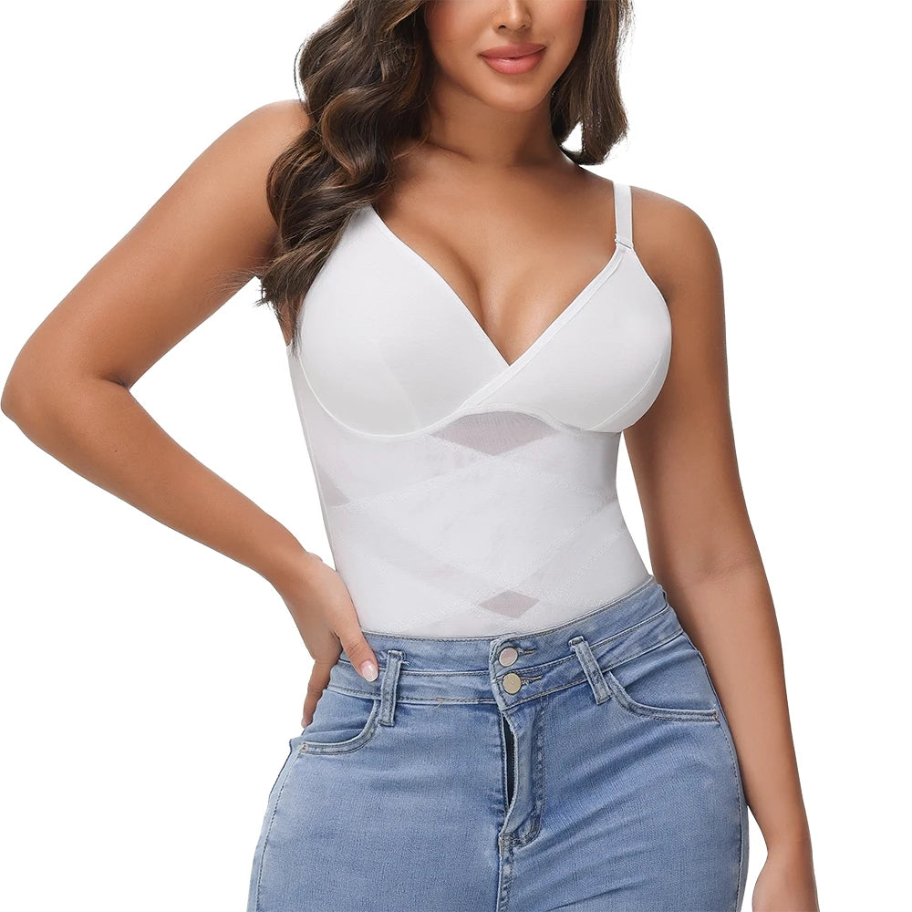 Cross Waist Tummy Control Body Shaping Bodysuit für Damen Ganzkörperkontrolle V-Ausschnitt Mesh Atmungsaktiver Slip Unterwäsche Po-Former