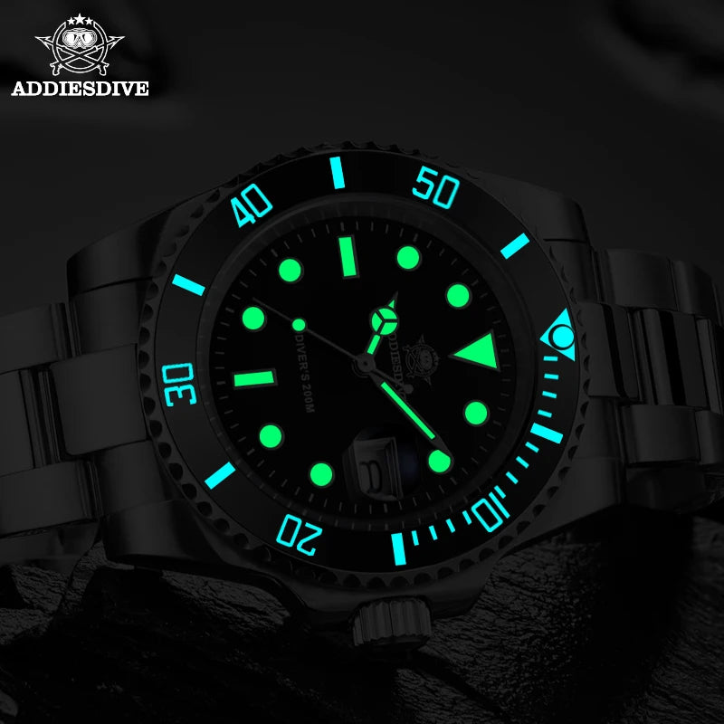 ADDIESDIVE Herren-Uhr klassisch mit Keramiklünette 200m wasserdicht Freizeit Quarz-Uhr BGW9 Blaue Leuchtzeiger Geschenk-Uhr MY-H3-2