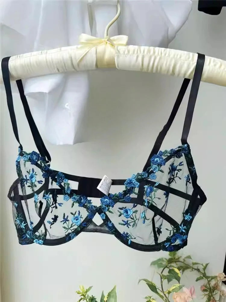 YUQI Französisches Luxus-Dessous-Set – sexy BH- und Höschen-Set mit floraler Stickerei in Schwarz, durchsichtige, transparente, verführerische Damen-Unterwäsche
