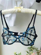 YUQI Französisches Luxus-Dessous-Set – sexy BH- und Höschen-Set mit floraler Stickerei in Schwarz, durchsichtige, transparente, verführerische Damen-Unterwäsche