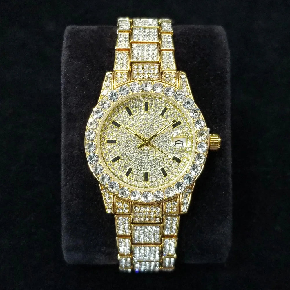Elegante Diamantenuhren Damen Mode Silber Rund Edelstahl Quarzuhr Iced Out Glänzend Wasserdichte Uhr Geschenk für Frauen