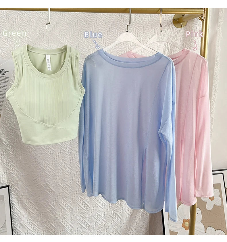 Damen Yoga Shirts Sportoberteile Langarm O-Ausschnitt Atmungsaktives Laufshirt Lockere Fitnesskleidung Gym Sportbekleidung Pilates T-Shirts