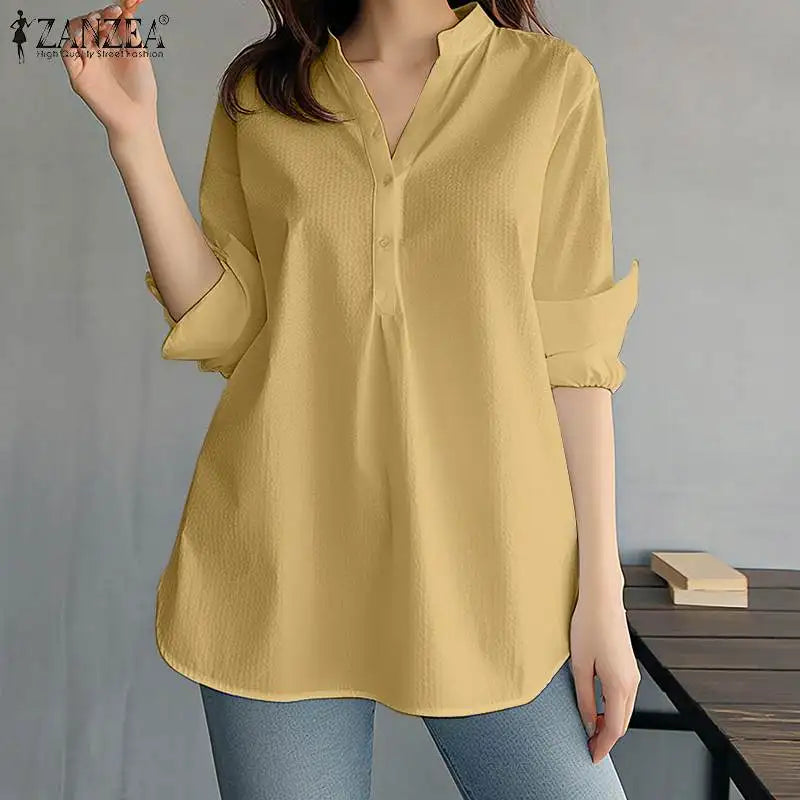 ZANZEA Damen Mode Weiße Hemden Lässig Weite Button-Down-Blusen 2024 Sommer Büro Bluse Koreanische OL V-Ausschnitt Langarm Tuniken