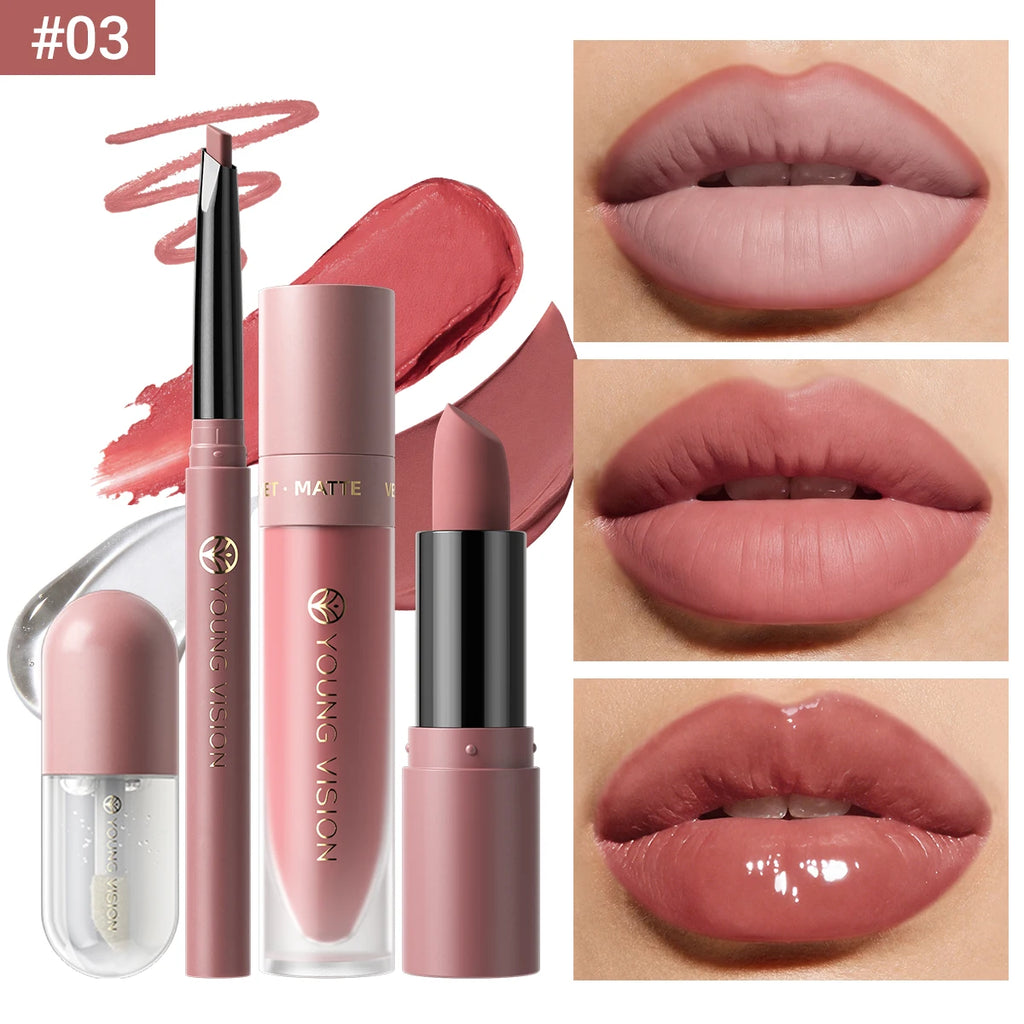 4tlg. Set Langanhaltendes Wasserdichtes Lippen-Make-up-Kit – Weicher, geschmeidiger cremiger Lippenstift & Lipgloss Lip Oil Set