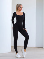 Damen Jumpsuit Langarm Jumpsuit Yoga Gerippter Strampler Sexy Einteiliger Bodycon Workout Full Bodysuit mit Hose