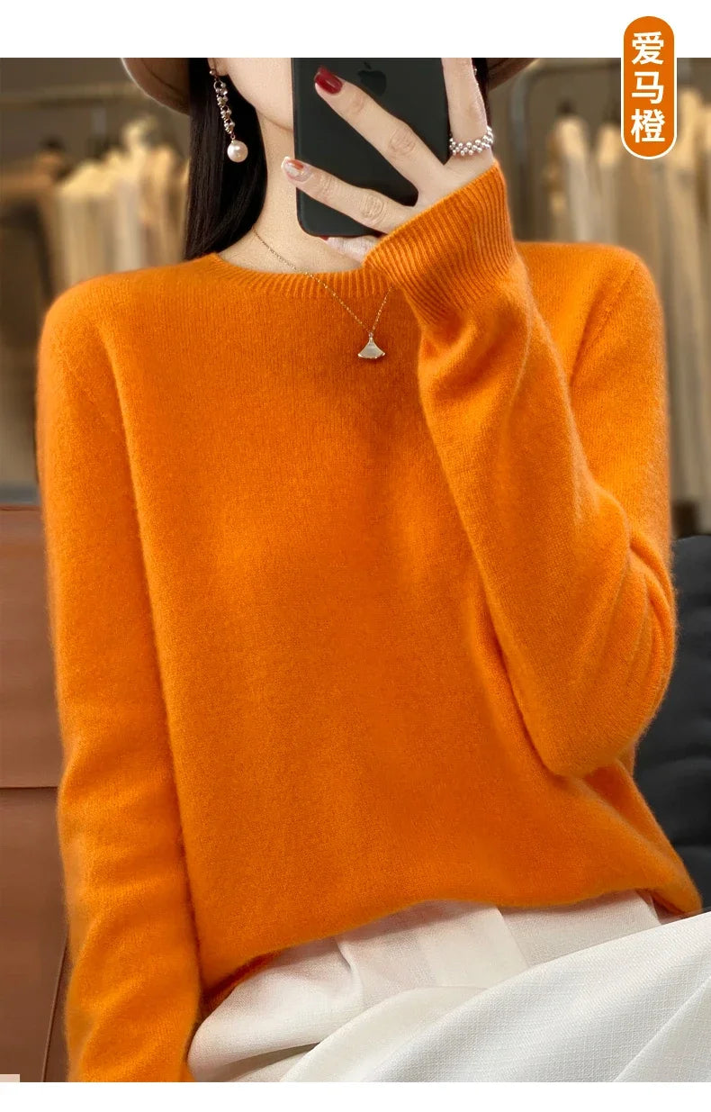 100 % Merinowolle Pullover Damen O-Ausschnitt Kaschmir Strickwaren Female Pullover Herbst Winter Freizeit Oberteile Einfarbig Weiche Kleidung