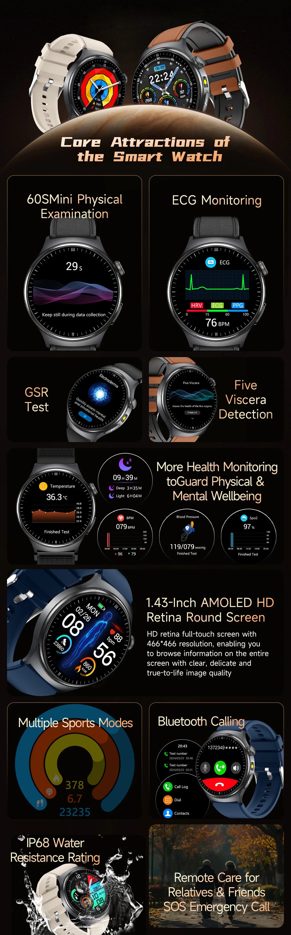 Neue genaue EKG-Smartwatch, Blutfettwerte, Fünf-Organe-Gesundheitscheck, Körpertemperatur, BT-Anruf, Sport-Smartwatches für Herren 2026